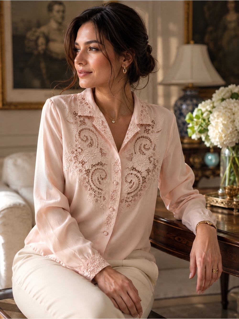 Peony Vintage 100% Silk Hand Embroidered Blush Pink Button Front Blouse Size 36